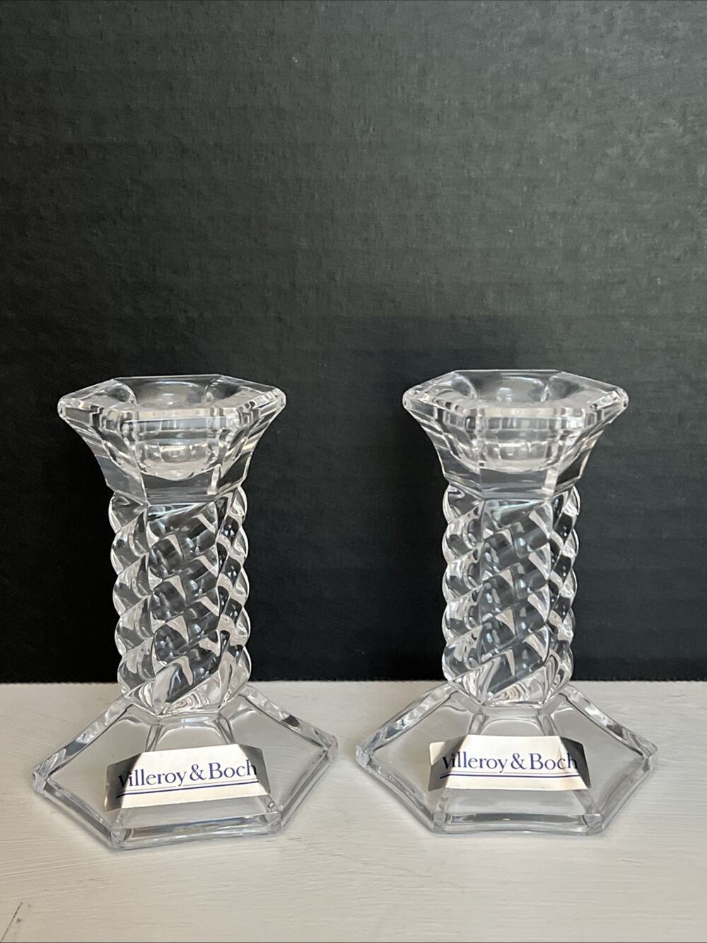 Villeroy And Boch "Pisa" Pattern 3.5” Crystal Candle Holder Pair Elegant Taper